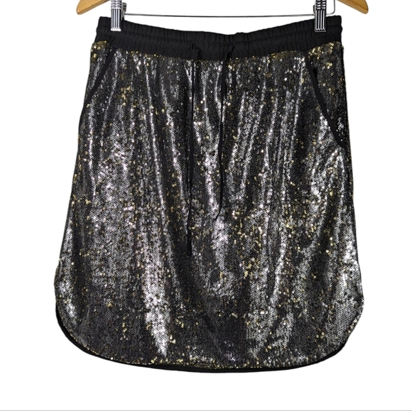 Harlyn for Anthropologie Metallic Silver Sequin Party Drawstring Skirt Size M - Picture 4 of 12